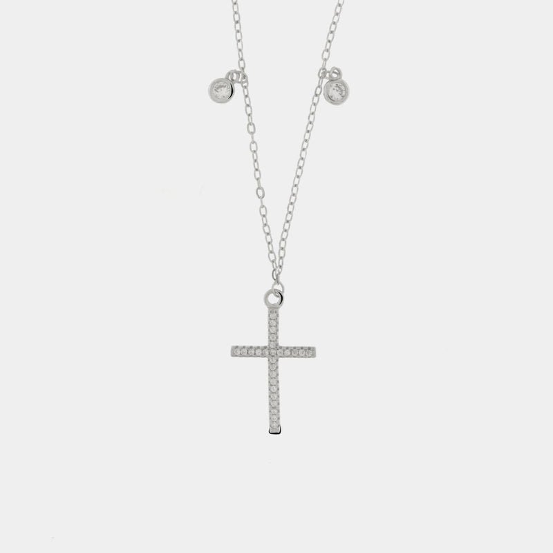 Collana in Argento 925 con croce pendente di zirconi bianchi e punti luce ai lati - BYSIMON gioielli