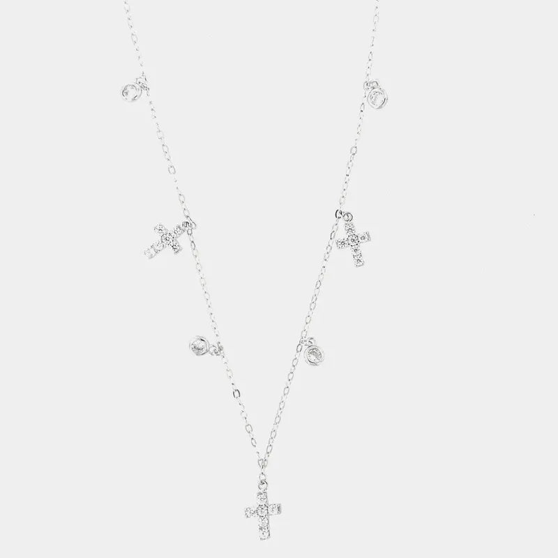 Collana in Argento 925 con giro di croci , impreziosite da zirconi bianchi e punti luce pendenti