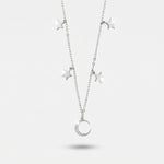 Collana in Argento 925 con mezza luna adornata di zirconi bianchi e stelline lisce pendenti ai lati - BYSIMON gioielli