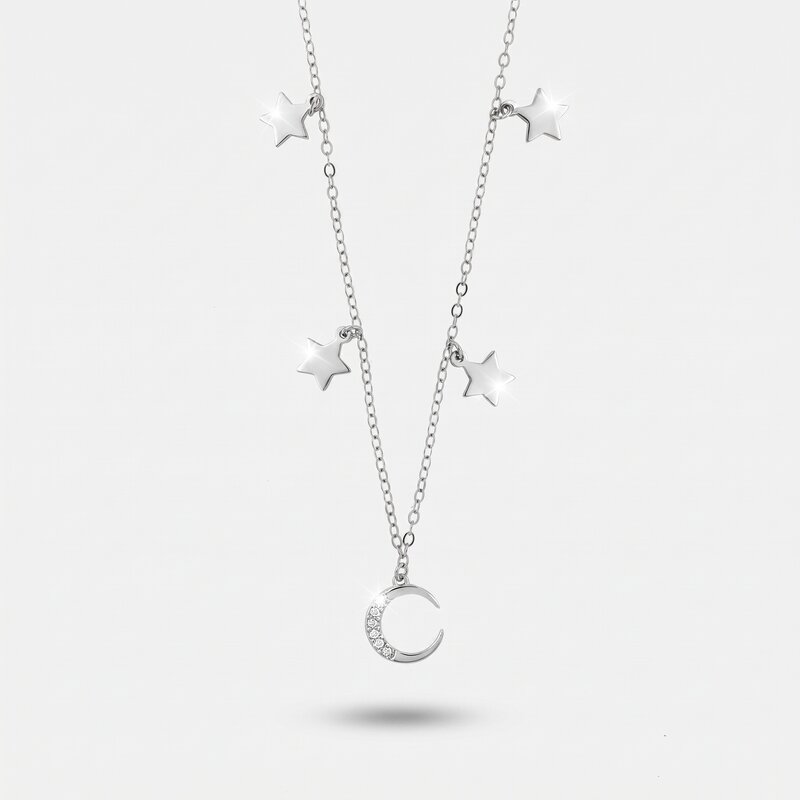 Collana in Argento 925 con mezza luna adornata di zirconi bianchi e stelline lisce pendenti ai lati - BYSIMON gioielli