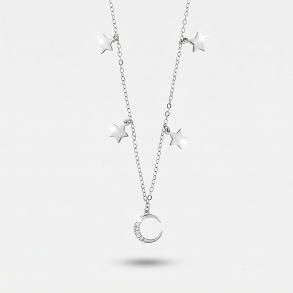 Collana in Argento 925 con mezza luna adornata di zirconi bianchi e stelline lisce pendenti ai lati - BYSIMON gioielli