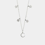 Collana in Argento 925 con mezza luna adornata di zirconi bianchi e stelline lisce pendenti ai lati - BYSIMON gioielli