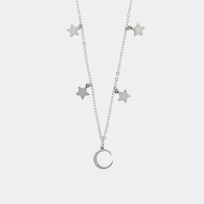 Collana in Argento 925 con mezza luna adornata di zirconi bianchi e stelline lisce pendenti ai lati - BYSIMON gioielli