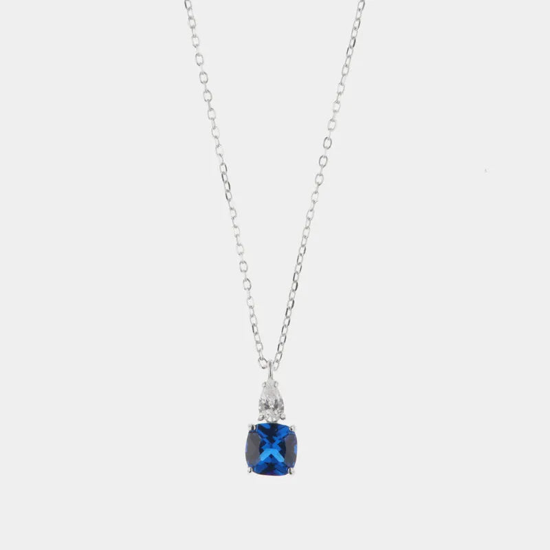 Collana in Argento 925 con pendente in zircone color blu zafiro e dettaglio in zircone bianco