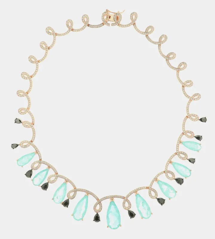 Collana in Argento 925 intrecci di zirconi bianchi impreziositi da gocce di zirconi pendenti effetto ghiaccio e neri