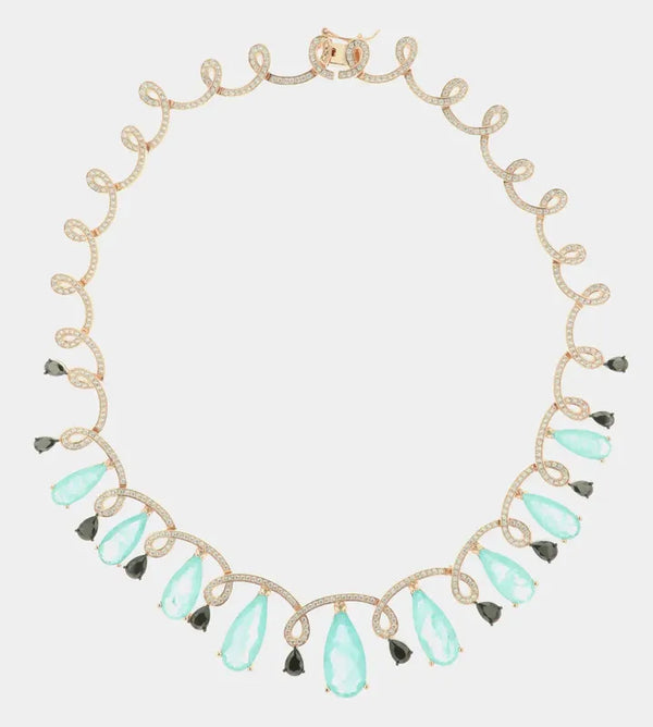 Collana in Argento 925 intrecci di zirconi bianchi impreziositi da gocce di zirconi pendenti effetto ghiaccio e neri