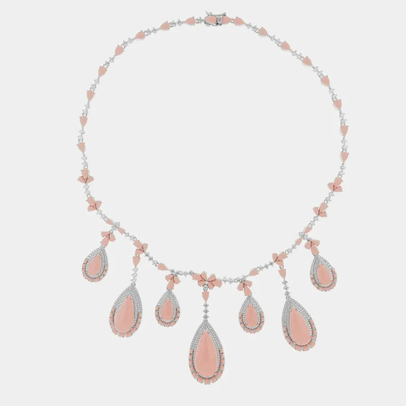Collana in Argento 925 floreale con pendenti effetto corallo rosa impreziosita da zirconi bianchi e rosa