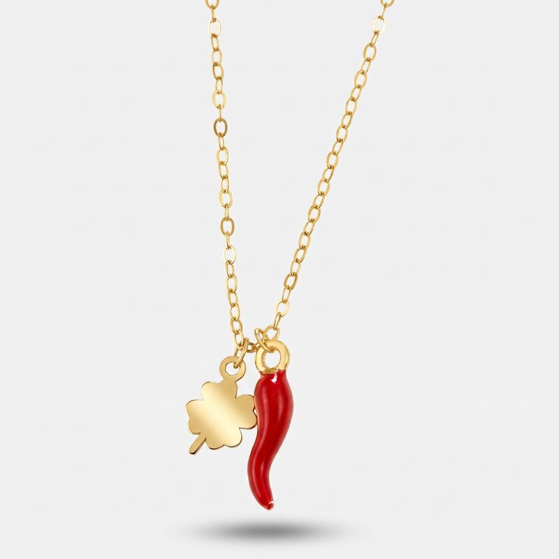 Collana in argento 925 con corno portafortuna e quadrifoglio | corno portafortuna argento | BYSIMON