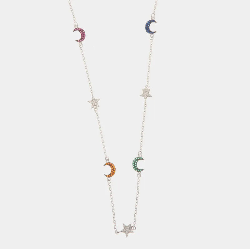 Collana in Argento 925 con dettagli a forma di luna e stelle con zirconi colorati e bianchi