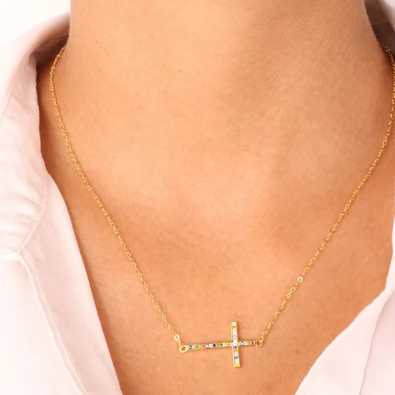 Collana in Argento 925 a forma di croce impreziosito da zirconi multicolor