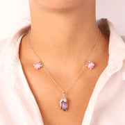 Collana in Argento 925 con pendenti impreziositi da pietra effetto occhi di gatto rosa e viola