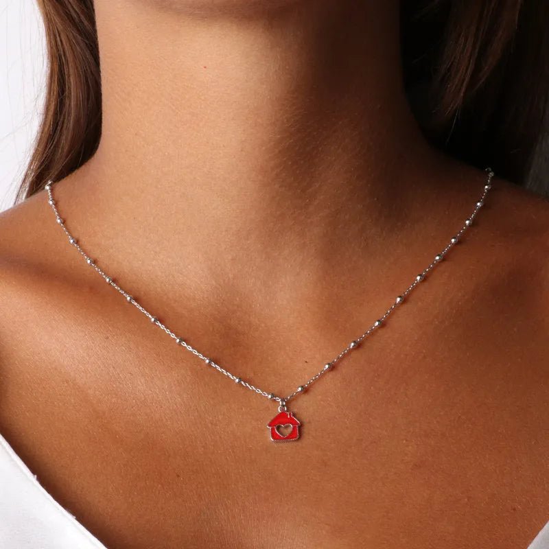 Collana in Argento 925 con pendente a forma di casa con cuore con smalto rosso BYS - gioiello BySimon