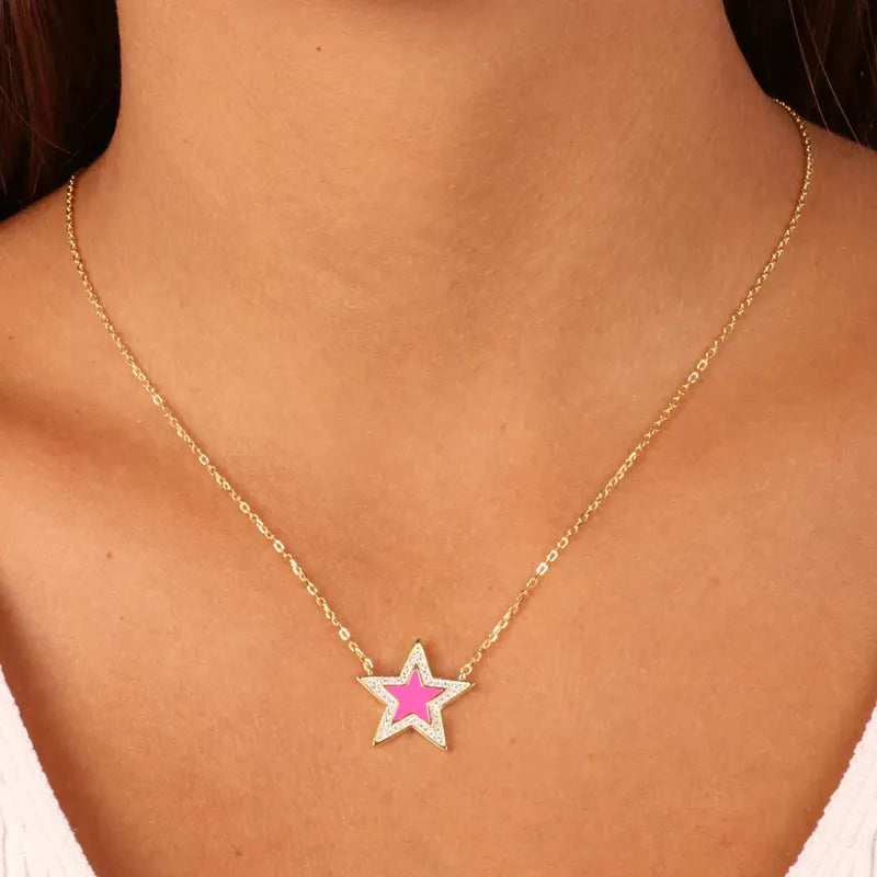 Collana in Argento 925 con stella impreziosita da zirconi bianchi e smalto color fucsia