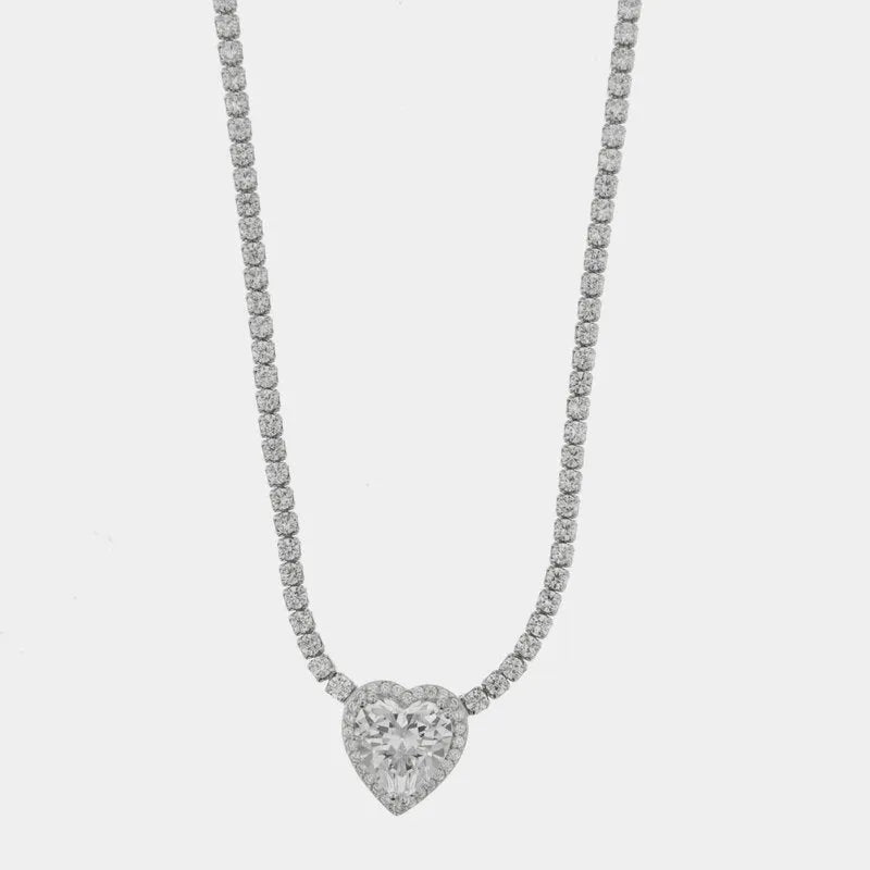 Collana in Argento 925 girocollo tennis con cuore tempestato da zirconi bianchi