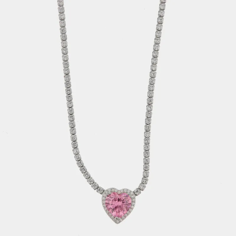 Collana in Argento 925 girocollo tennis in zirconi bianchi con cuore in zircone rosa