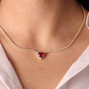 Collana in Argento 925 girocollo tennis in zirconi bianchi con cuore in zircone effetto rubino