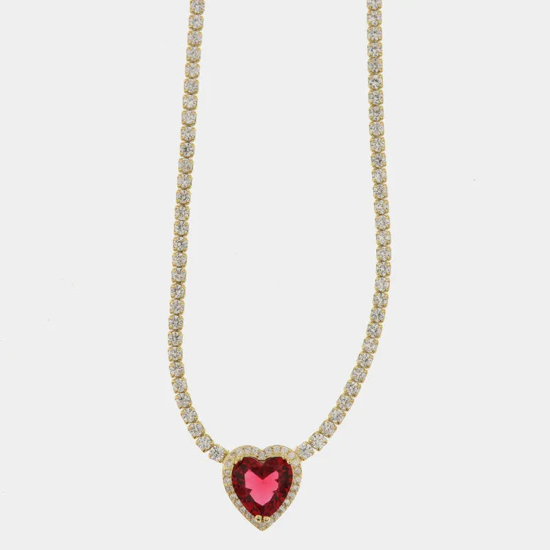 Collana in Argento 925 girocollo tennis in zirconi bianchi con cuore in zircone effetto rubino