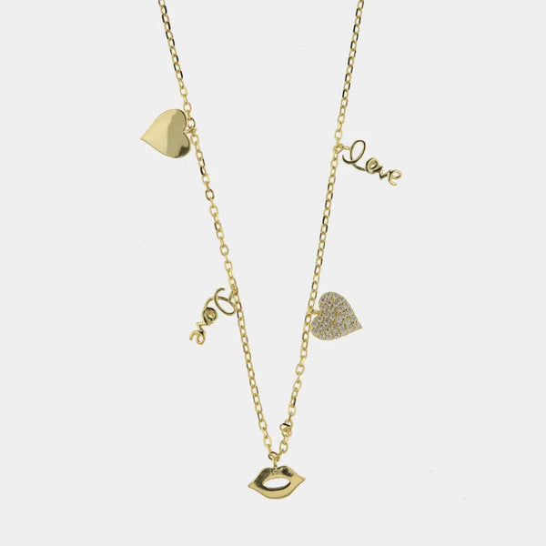 Collana in Argento 925 con ciondoli love, bacio e cuore tempestato da zirconi bianchi