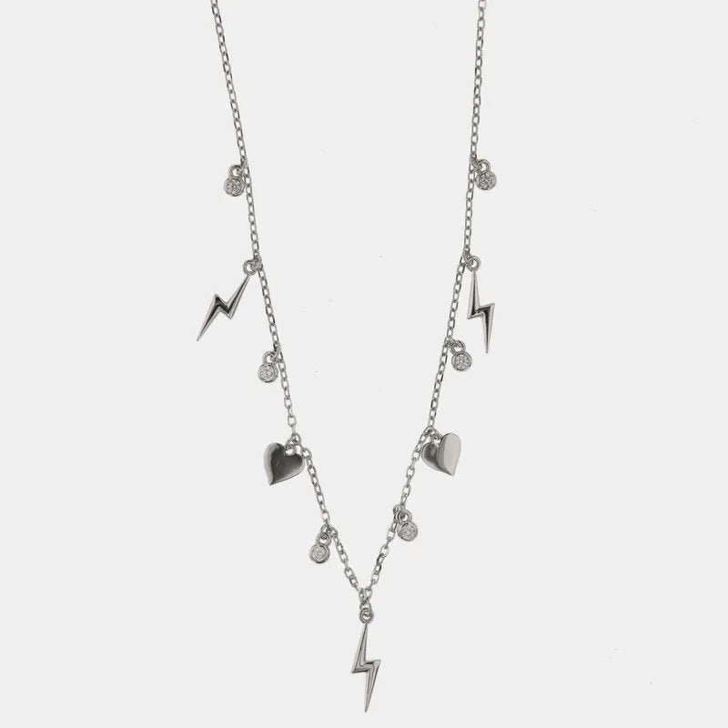Collana in Argento 925 con fulmine, cuore e zirconi bianchi