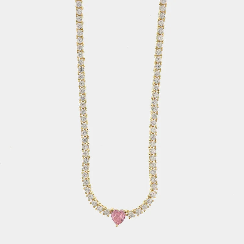 Collana in Argento 925 tennis con zirconi bianchi e cuore centrale in zircone rosa