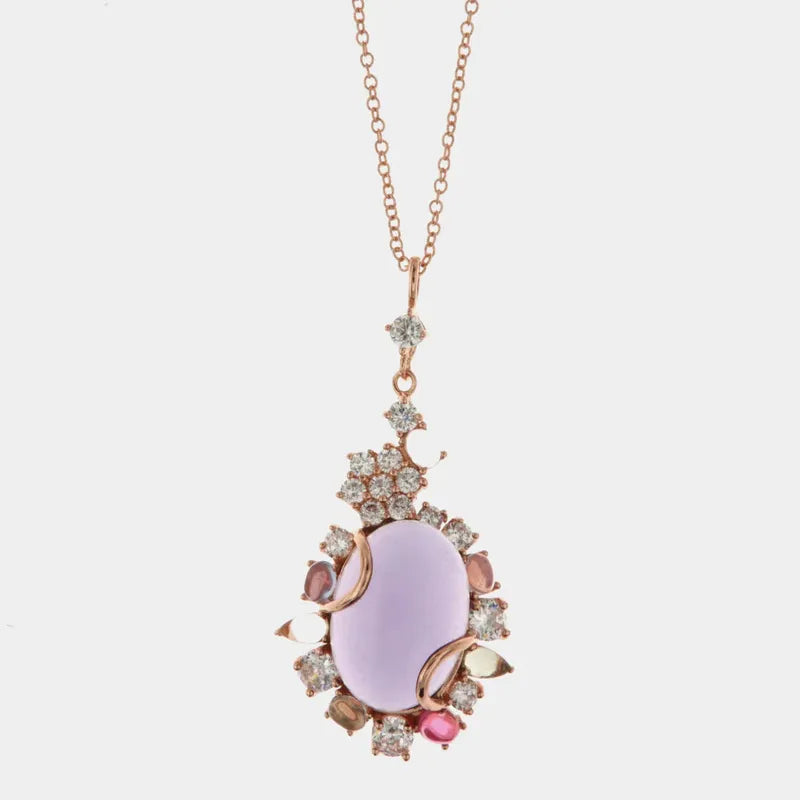 Collana in Argento 925 con pendente con dettaglio floreale e pietra naturale con zirconi multicolor e bianchi