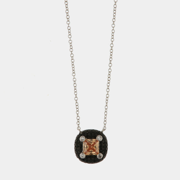 Collana in Argento 925 con ciondolo con cornice di zirconi neri e bianchi e zircone centrale color champagne SIMEONE - gioiel
