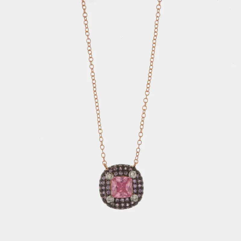 Collana in Argento 925 con ciondolo con cornice di zirconi viola e bianchi e zircone centrale color rosa