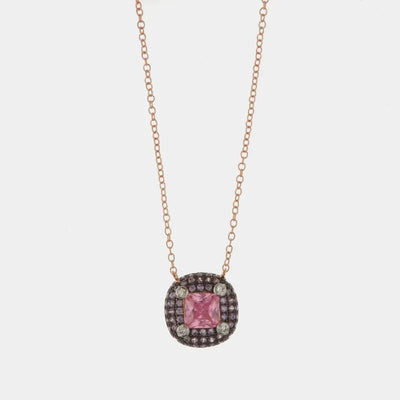 Collana in Argento 925 con ciondolo con cornice di zirconi viola e bianchi e zircone centrale color rosa