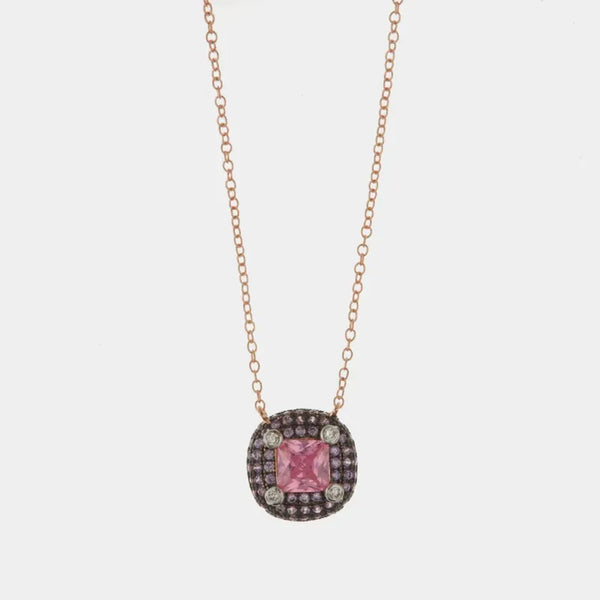 Collana in Argento 925 con ciondolo con cornice di zirconi viola e bianchi e zircone centrale color rosa