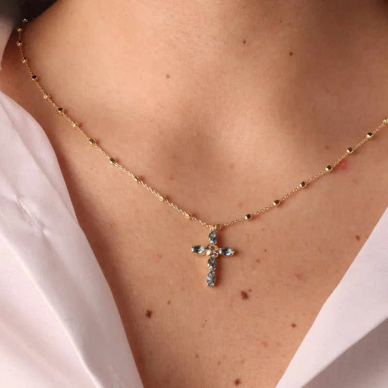 Collana in Argento 925 maglia impreziosita da cristalli e ciondolo a forma di croce con cristalli BYSIMON - gioiello BySimon