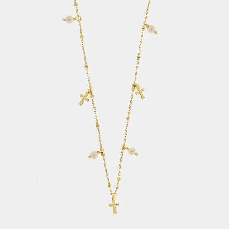 Necklace in 925 Silver with crosses and hanging pearls