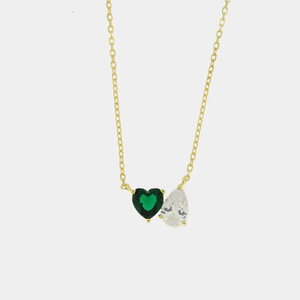 Collana in Argento 925 con zirconi bianchi a forma di cuore verde e goccia - BYSIMON gioielli