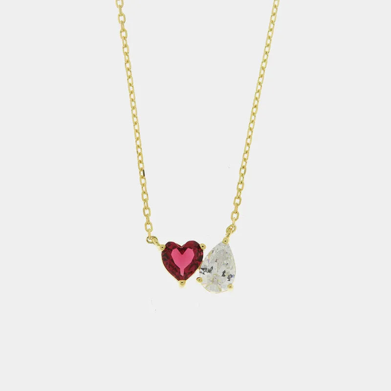 Collana in Argento 925 con zirconi bianchi a forma di cuore rosso e goccia