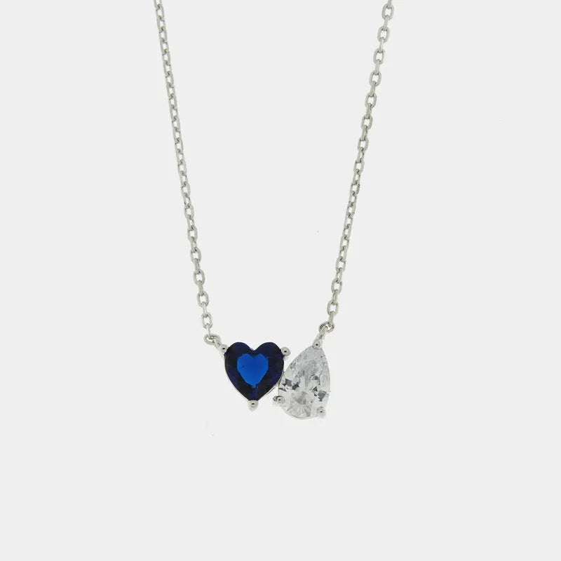 Necklace in 925 Silver with white zircons in the shape of a blue heart and a drop