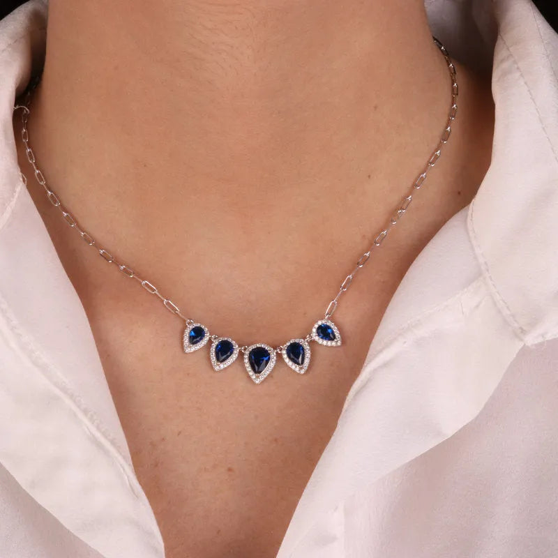 Necklace in 925 Silver with blue and white drop-shaped zircons