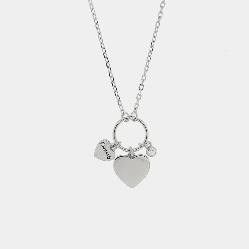 Collana in Argento 925 con pendenti a forma di cuore e scritta Family BYS - gioiello BySimon