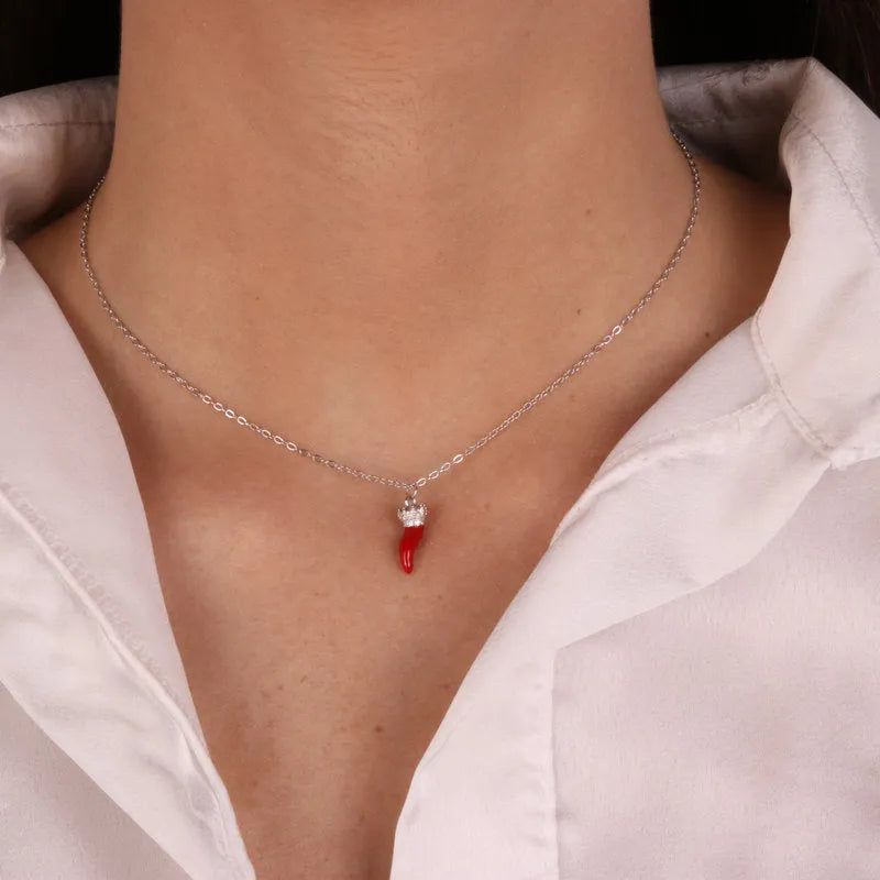 925 Silver necklace with red horn and white zircons