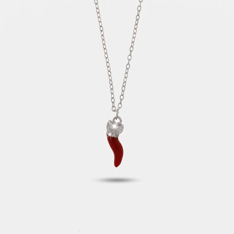 Collana in argento 925 con corno portafortuna rosso | cornetto argento portafortuna | BYSIMON