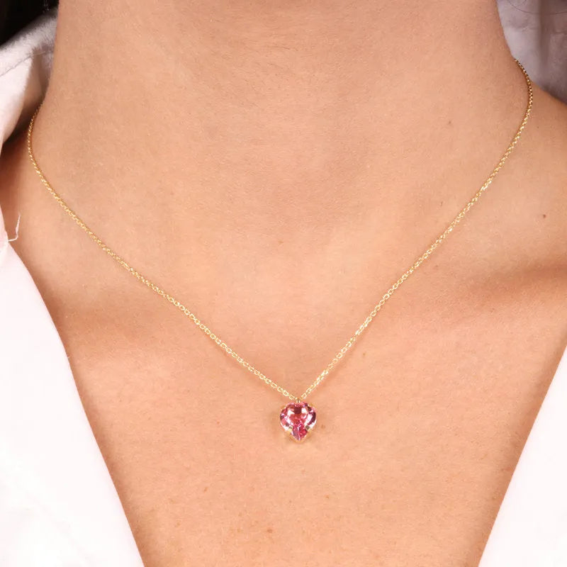 Necklace in 925 Silver with heart-shaped pink crystal