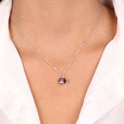 Collana in Argento 925 campanella portafortuna con quadrifoglio e cubic zirconi rossi