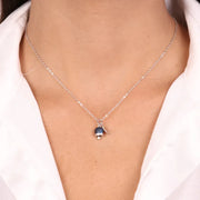 Collana in Argento 925 campanella portafortuna con quadrifoglio e cubic zirconi blu