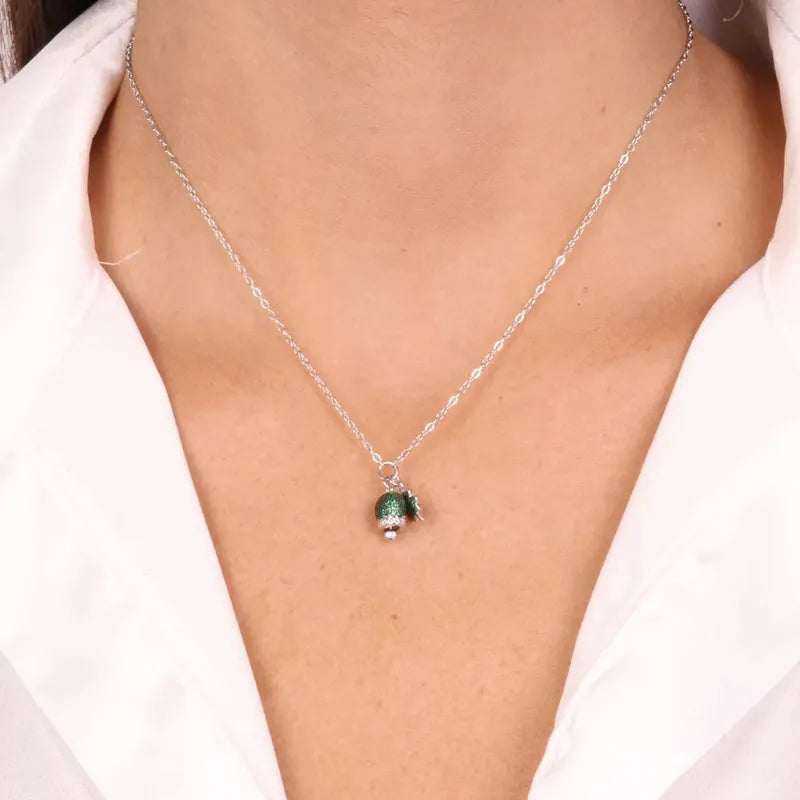 Collana in Argento 925 campanella portafortuna con quadrifoglio e cubic zirconi verdi