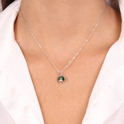 Collana in Argento 925 campanella portafortuna con quadrifoglio e cubic zirconi verdi