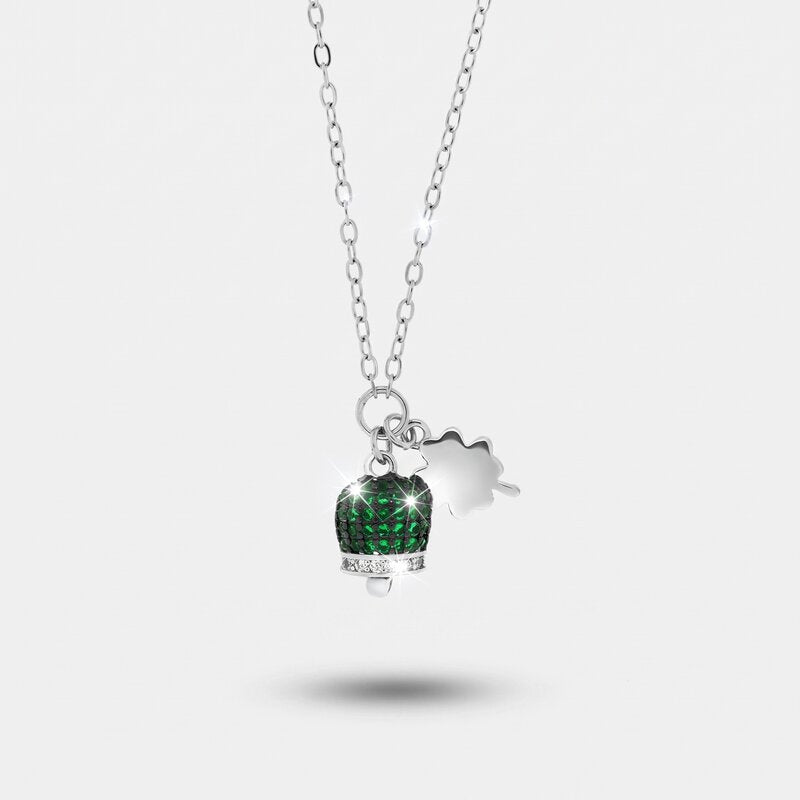 Collana in Argento 925 campanella portafortuna con quadrifoglio e cubic zirconi verdi