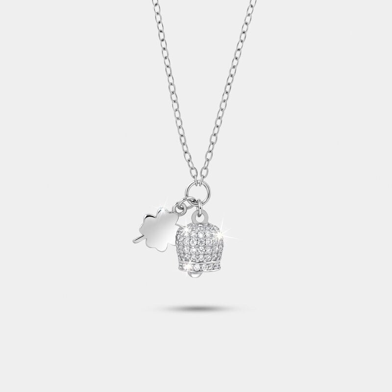Collana in Argento 925 campanella portafortuna con quadrifoglio e cubic zirconi