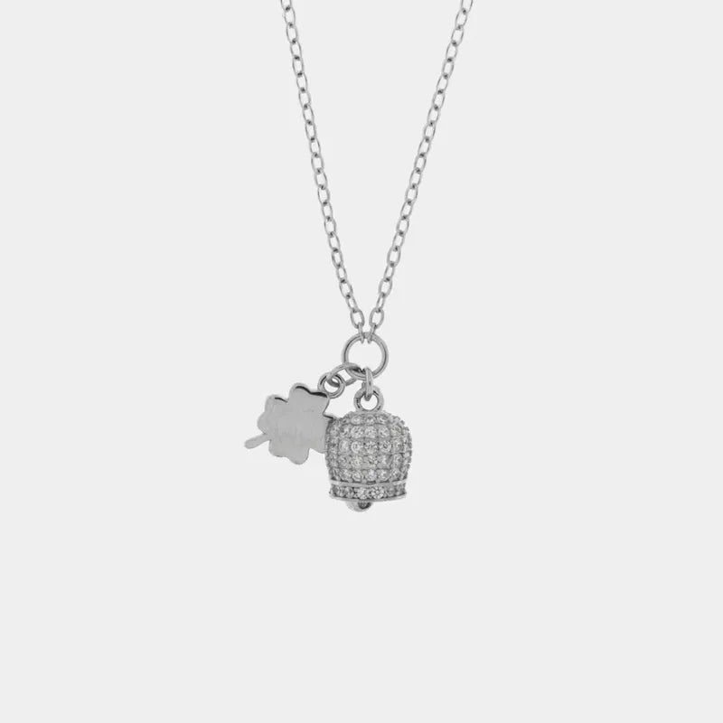 Collana in Argento 925 campanella portafortuna con quadrifoglio e cubic zirconi