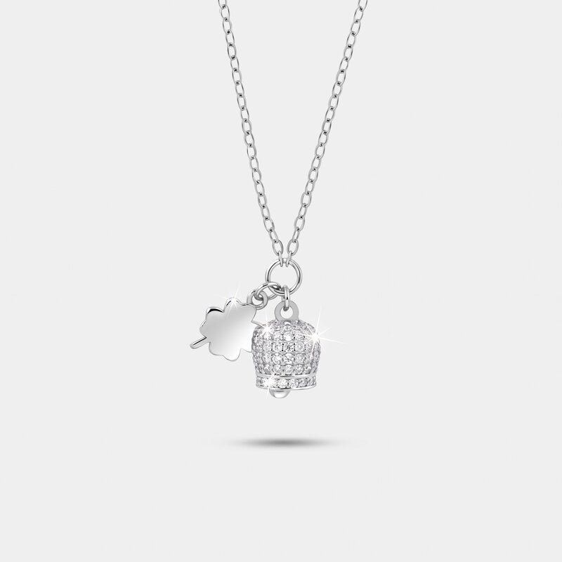 Collana in Argento 925 campanella portafortuna con quadrifoglio e cubic zirconi