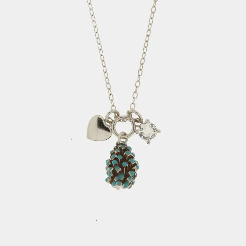 Collana in Argento 925 con pigna portafortuna impreziosito da zirconi bianchi e cuore pendente