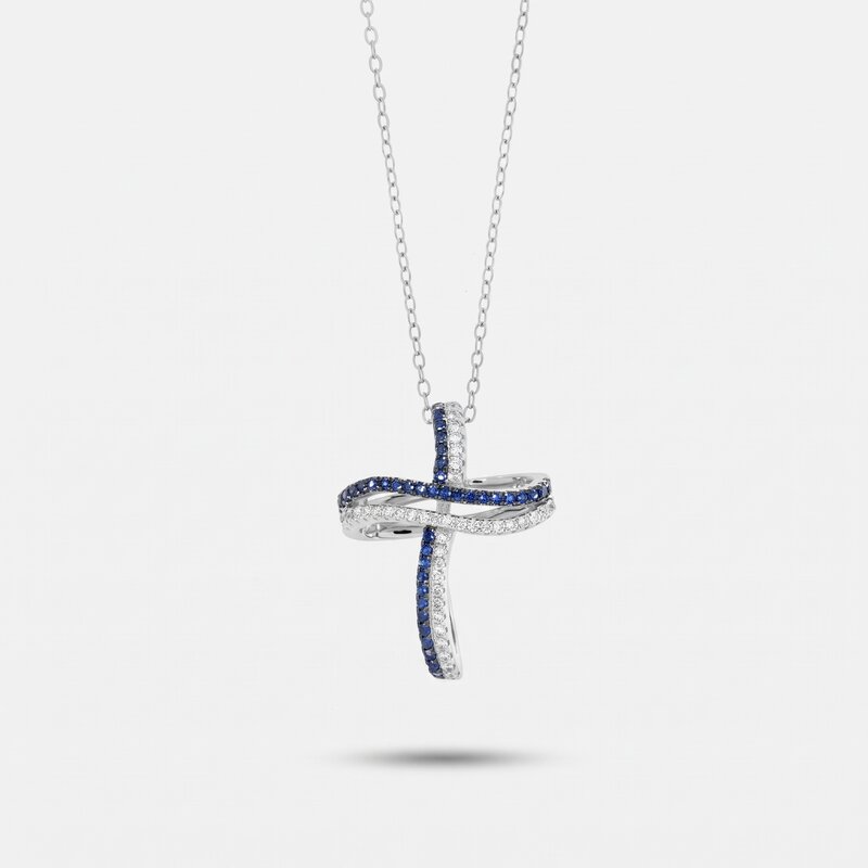 Collana in Argento 925 a forma di croce con zirconi blu - BYSIMON gioielli
