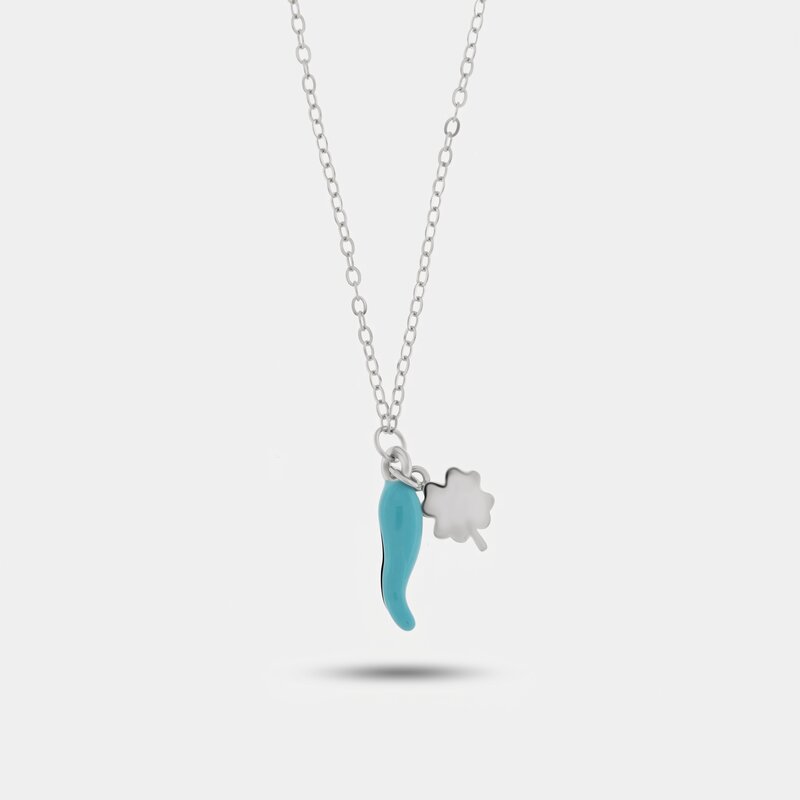 Collana in argento 925 con cornetto portafortuna turchese e quadrifoglio | collana cornetto argento | BYSIMON
